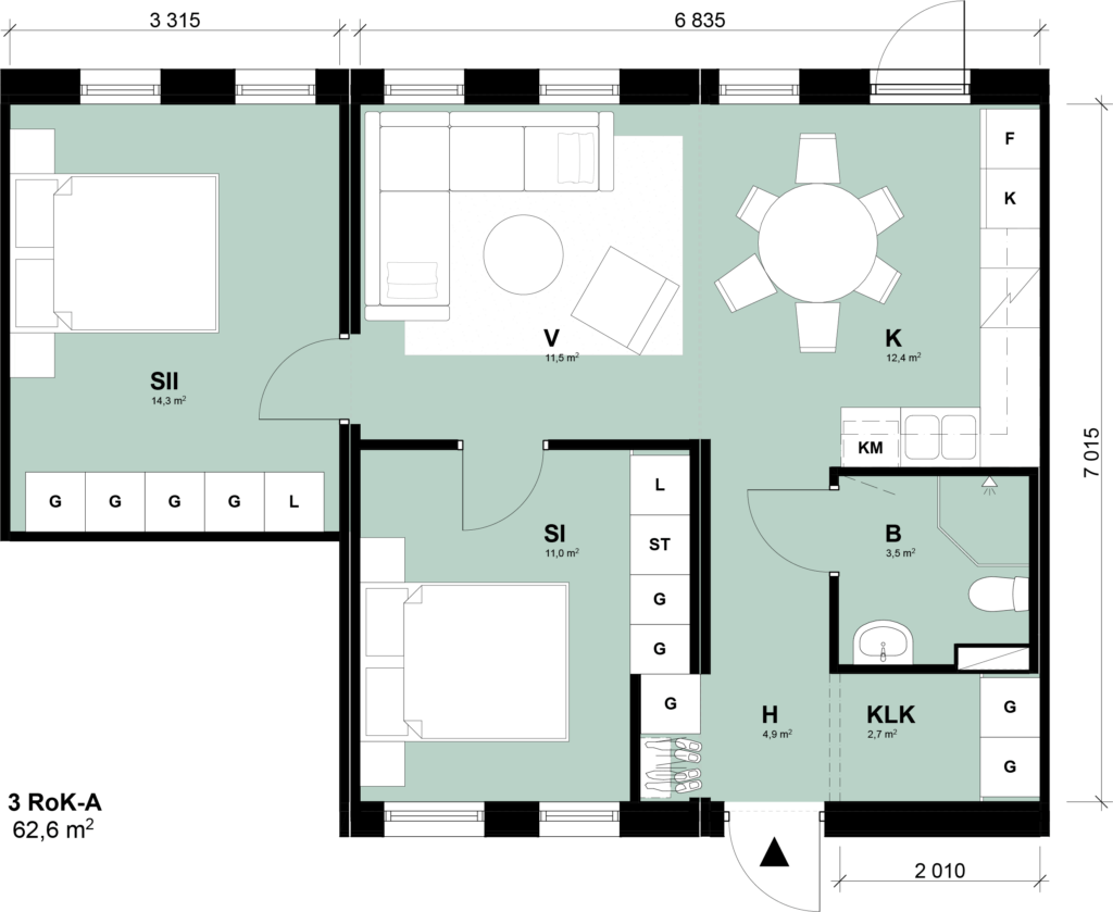 Planlösning för ledig lägenhet i Piteå